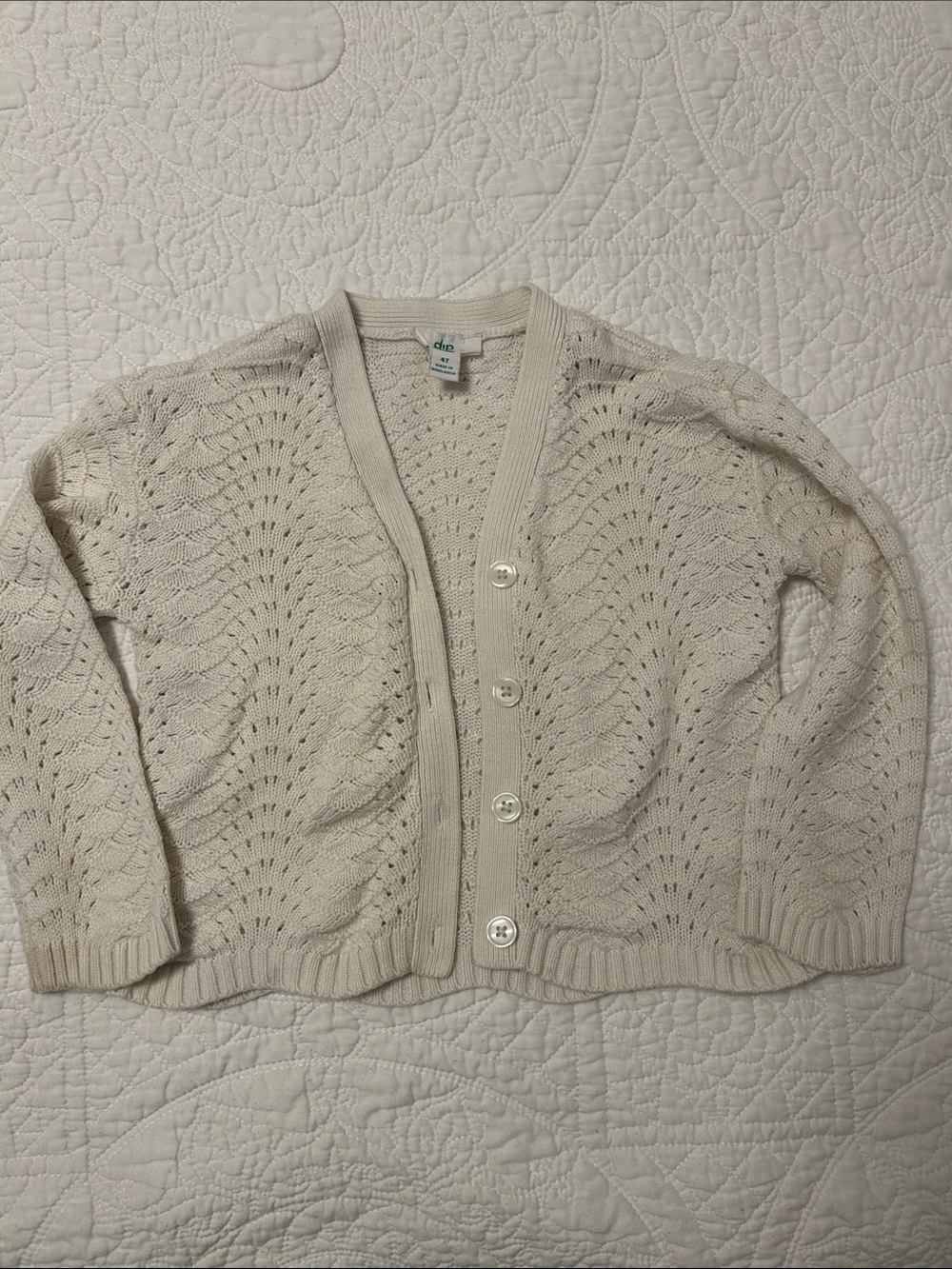 Light Cream Openwork Button-Front Girl’s Cardigan Sweater